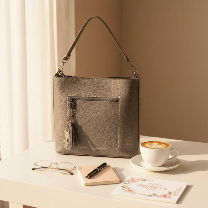 Pewter grey shoulder bag on a desk with reading glasses, a notebook and a latte