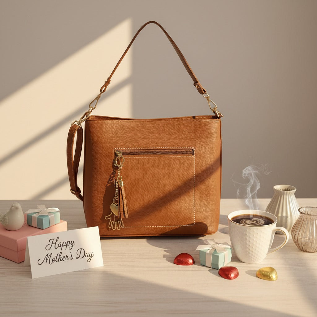 Tan shoulder bag with a zip front pocket, styled with chocolates, coffee and a Mother's Day card