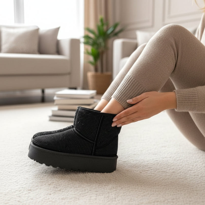 Person wearing sparkly black winter boots in a cozy living room setting