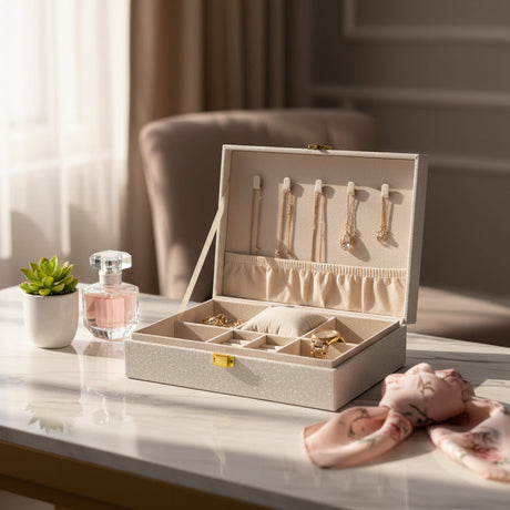 Champagne glitter jewelry box open to show five necklace hooks and a padded ring roll