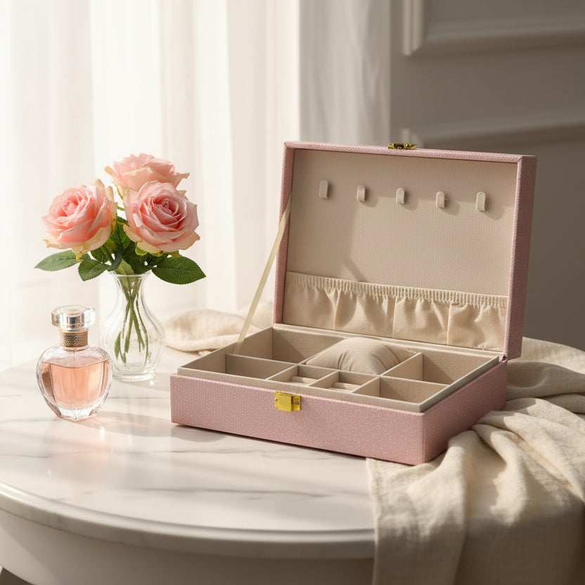 Pink glitter jewelry box open with a cream lined tray, elastic pocket and ring cushion