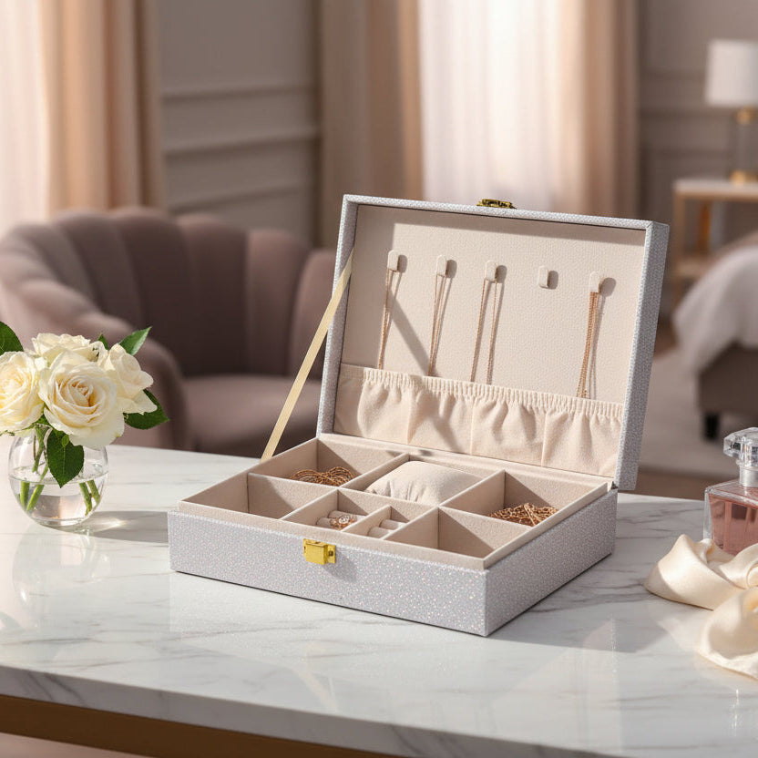 White glitter jewelry box open with gold chains and rings laid in its compartments