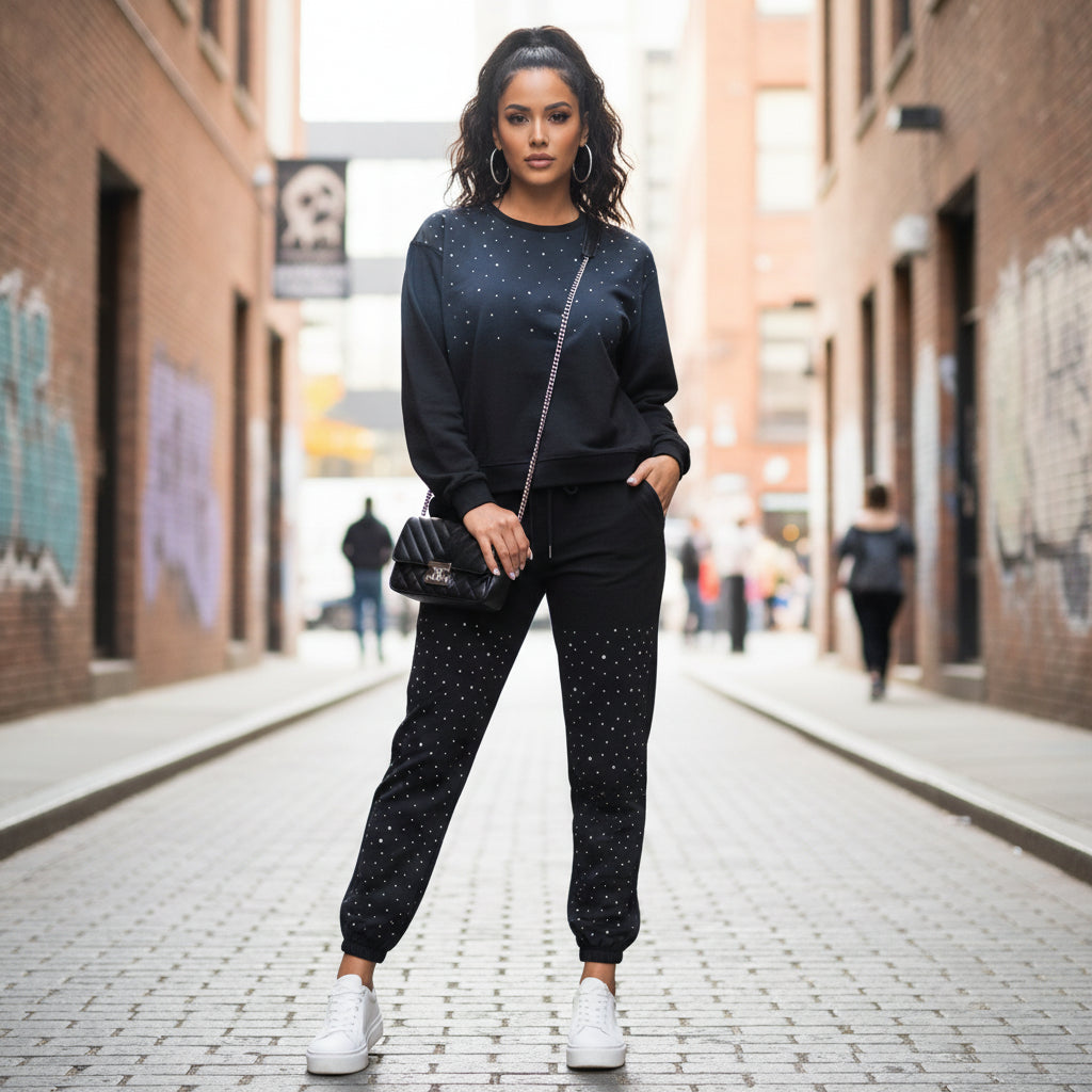 Sparkly navy sweatshirt and joggers worn on a city street