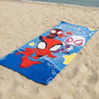 Blue Spider multiverse beach towel printed with three spider heroes and white webbing
