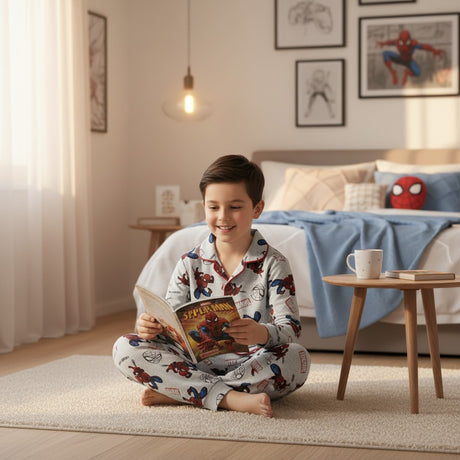 Child in superhero pajamas reading a book in a bedroom with Spider-Man theme