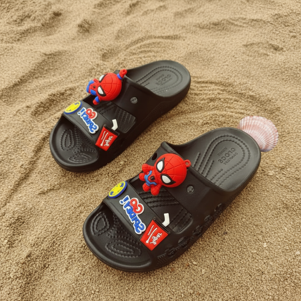 Black slip on slides topped with red Spiderman charms and a small shell on sand