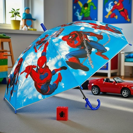 Open bright blue Spiderman kids umbrella showing the web swinging print and blue handle