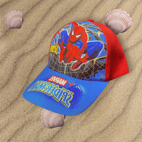 Red and blue kids baseball cap with a comic superhero graphic and lettering on the blue peak