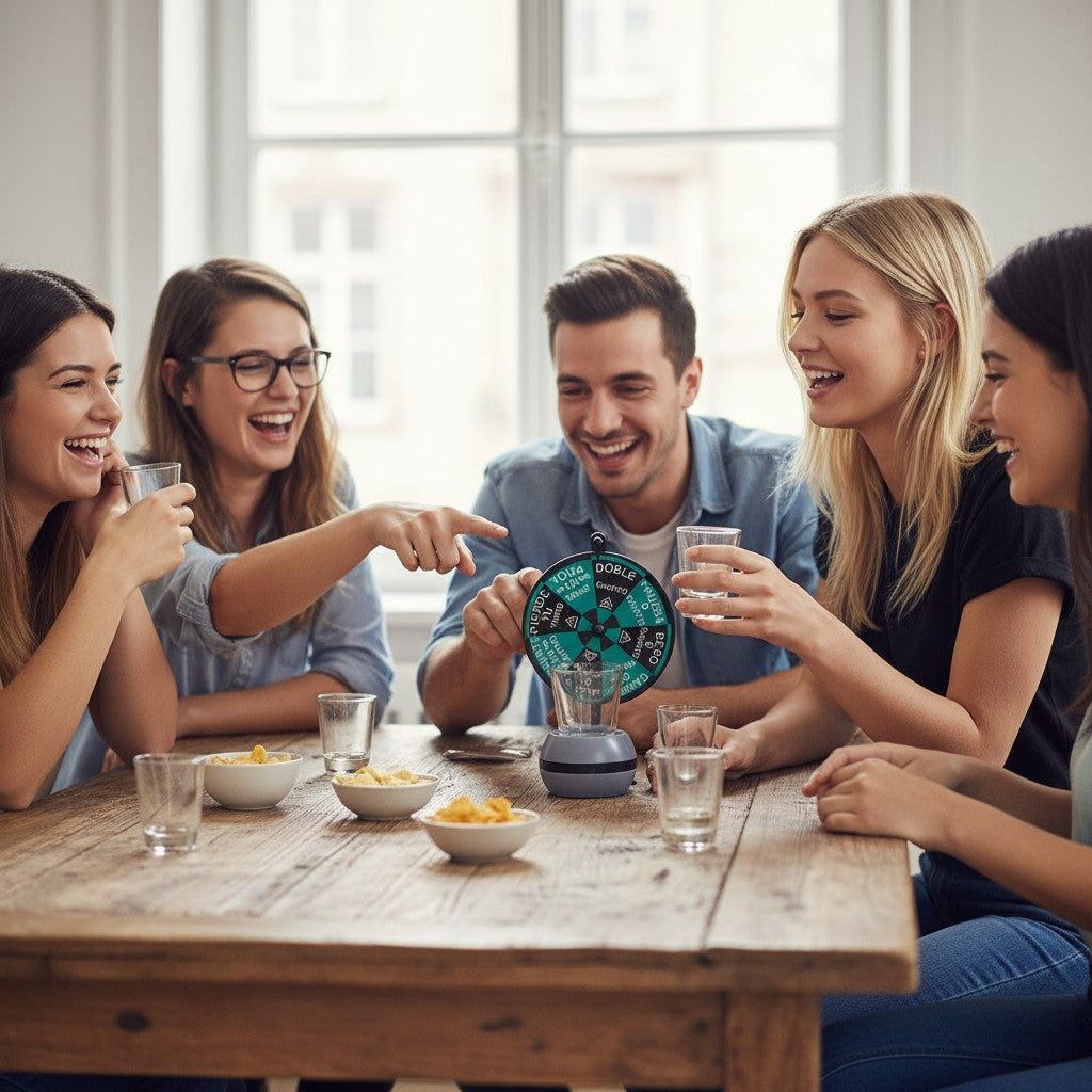 Group playing the spin and drink game with the dare wheel and shot glasses on the table