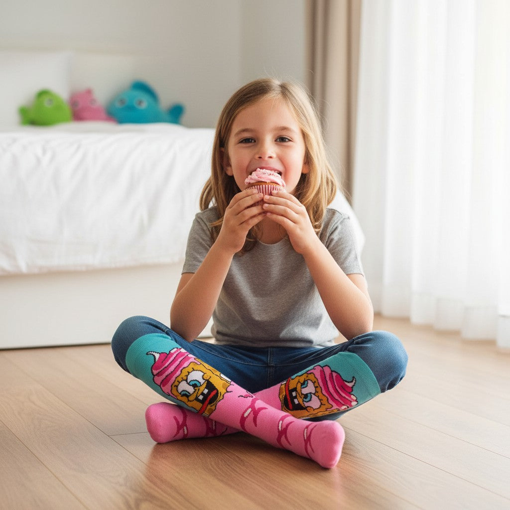Girls pink knee high socks with turquoise cuffs and a SpongeBob print holding pink ice cream