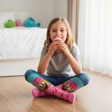 Girls pink knee high socks with turquoise cuffs and a SpongeBob print holding pink ice cream
