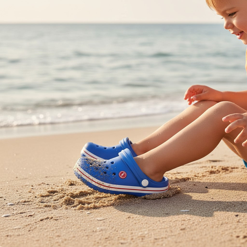 Royal blue foam clog with a red striped midsole resting on sand beside a child