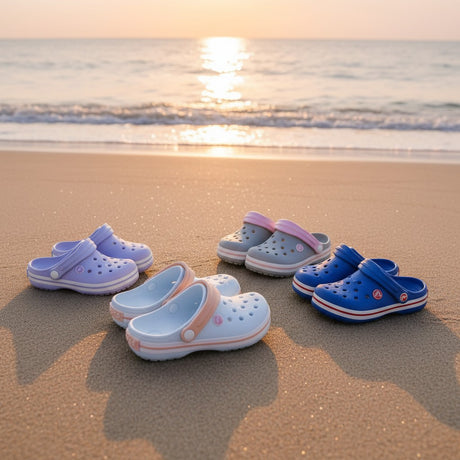 Four pairs of kids foam beach clogs in lilac, blue, grey and pale blue on sand, Jack Gifts Online Lebanon