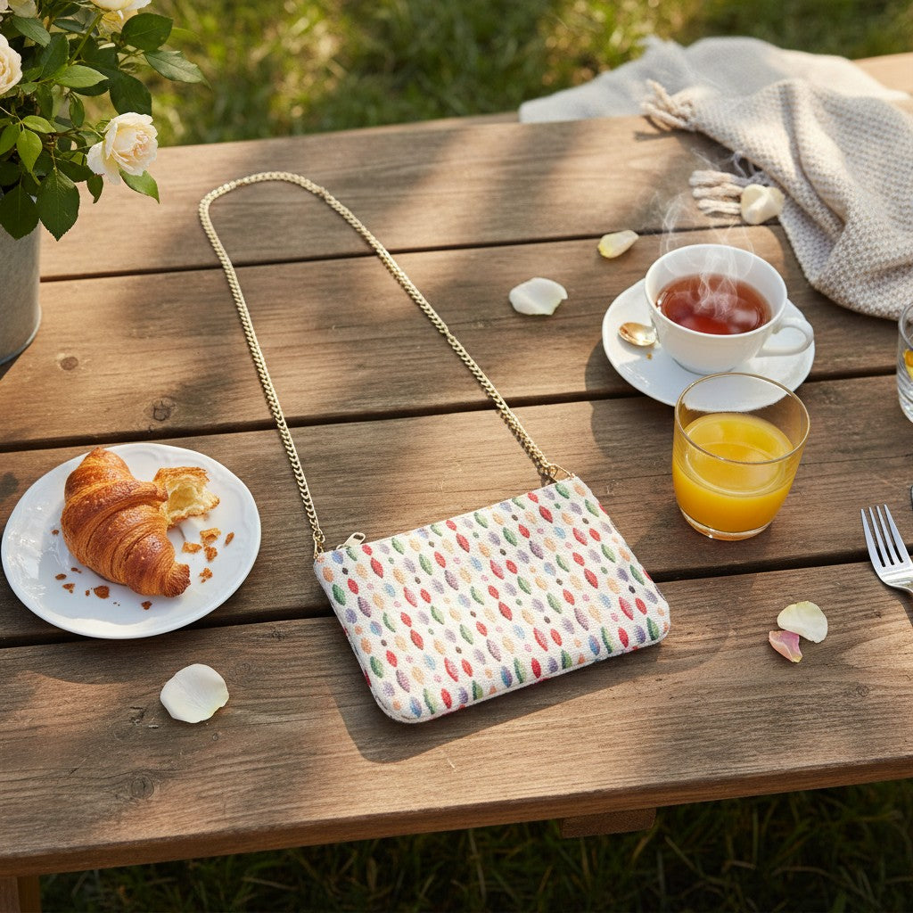 Spotted tapestry crossbody bag with a gold chain on a garden table