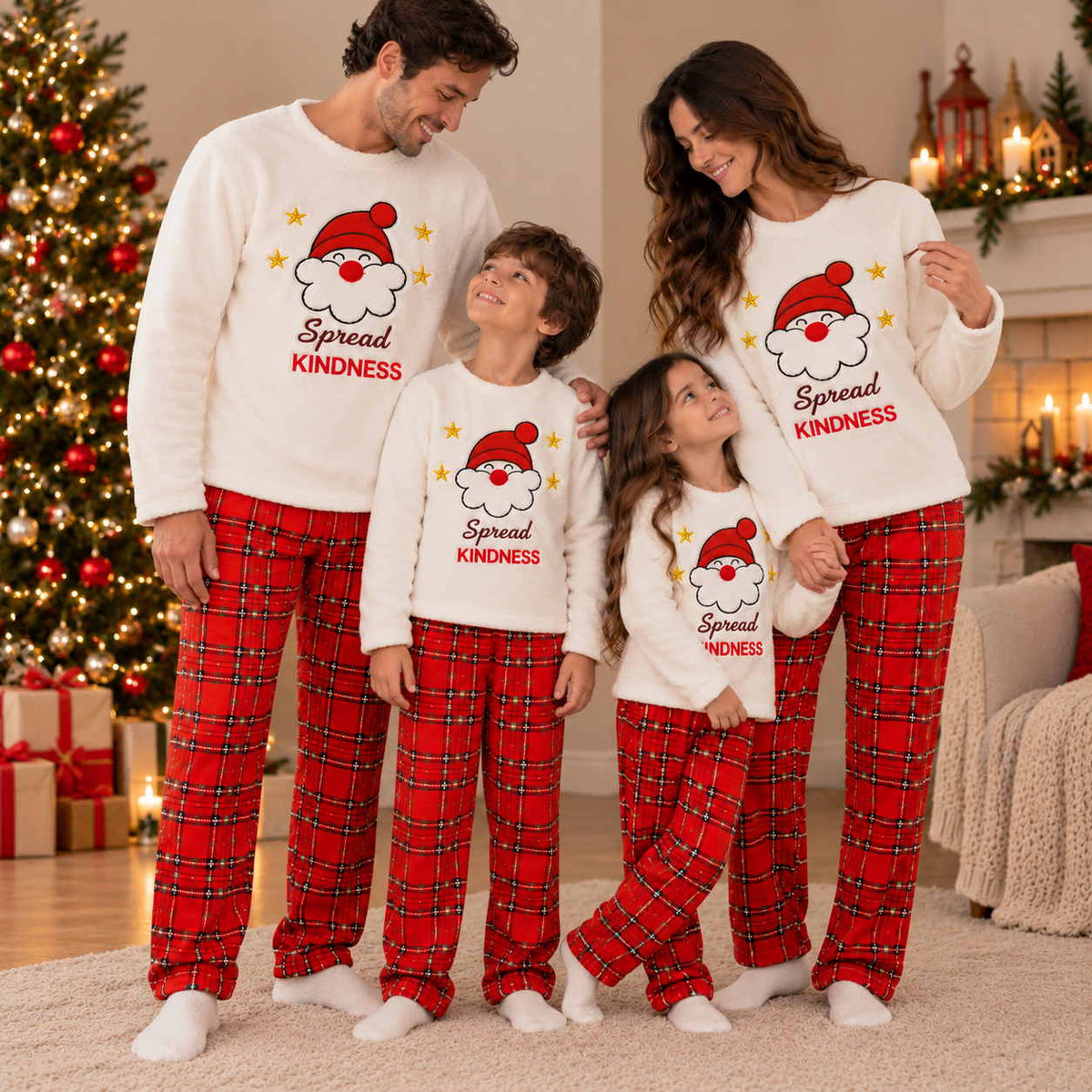 Family of four in matching cream Santa tops and red plaid pyjama pants by a lit Christmas tree