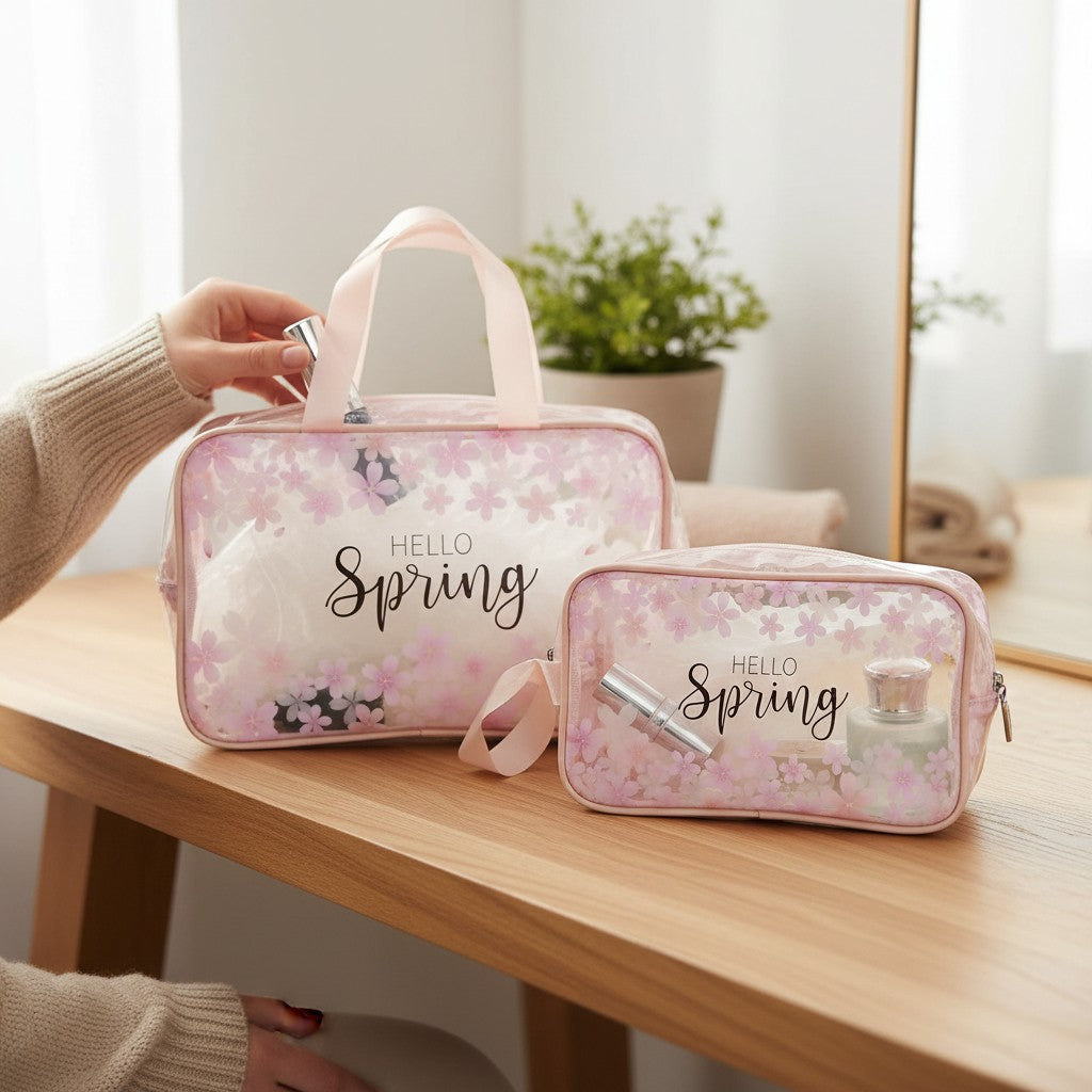 Pink 'Hello Spring' travel bag and pouch on a wooden table with a plant in the background