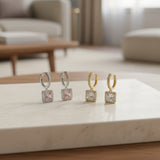 Square crystal drop hoop earring with a pave set hoop