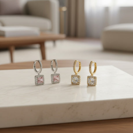Square crystal drop hoop earring with a pave set hoop