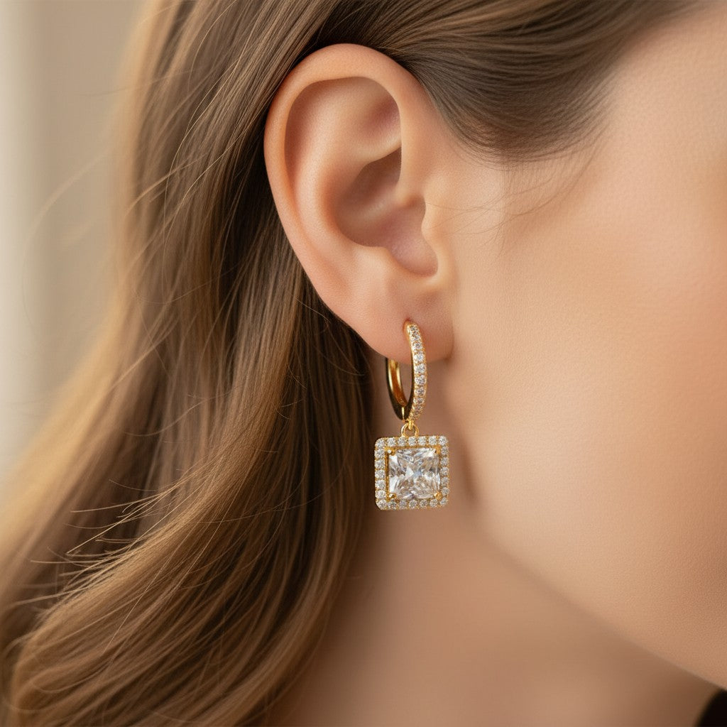 Gold square crystal drop hoop earrings worn, Jack Gifts Online Lebanon