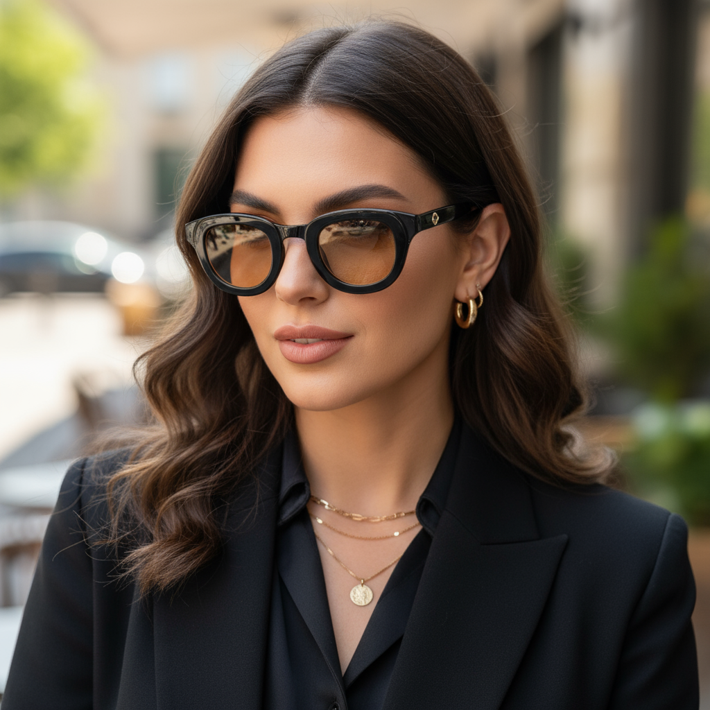 Woman wearing stargaze sunglasses and a black outfit with a blurred outdoor background
