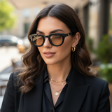 Woman wearing stargaze sunglasses and a black outfit with a blurred outdoor background