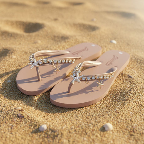 The brown colourway on sand, a pale rose toned pair with rhinestones and two gold starfish