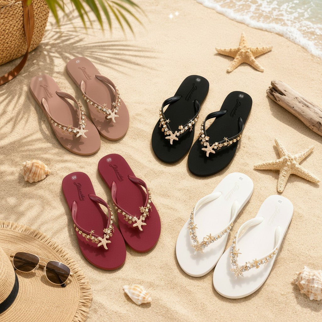 Starfish embellished flip flops in blush, black, burgundy and white on beach sand, Jack Gifts Online Lebanon