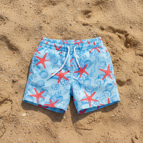 Blue swim shorts with red starfish and shells laid flat on sand