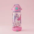 Kids clear unicorn print water bottle with pink flip straw lid and lilac collar