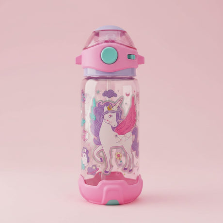 Kids clear unicorn print water bottle with pink flip straw lid and lilac collar