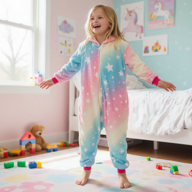 Girl standing in a starry rainbow onesie in her bedroom