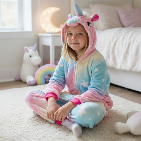Girl sitting cross legged in a pastel star print unicorn onesie
