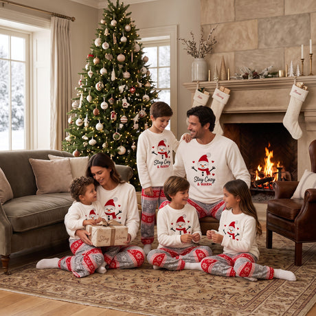 Family of six in matching cream snowman tops and Fair Isle pyjama pants by a fireplace and tree