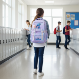 Person walking down a school hallway with a purple backpack featuring a Stitch character