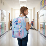 Girl with a colorful backpack featuring a Stitch cartoon character in a school hallway