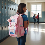 Girl with a pink backpack featuring a Stitch character in a school hallway