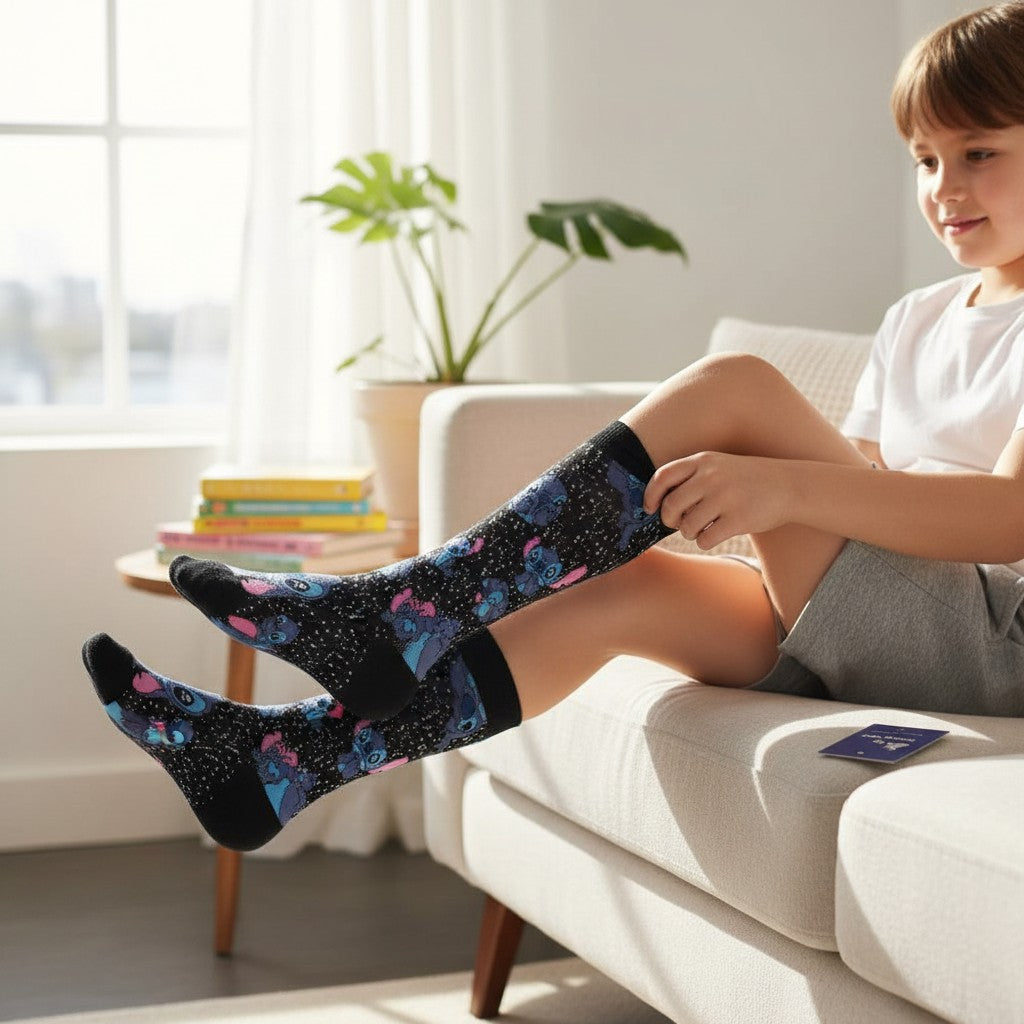 Kids black knee high socks with white speckles, blue Stitch characters and pink hibiscus flowers
