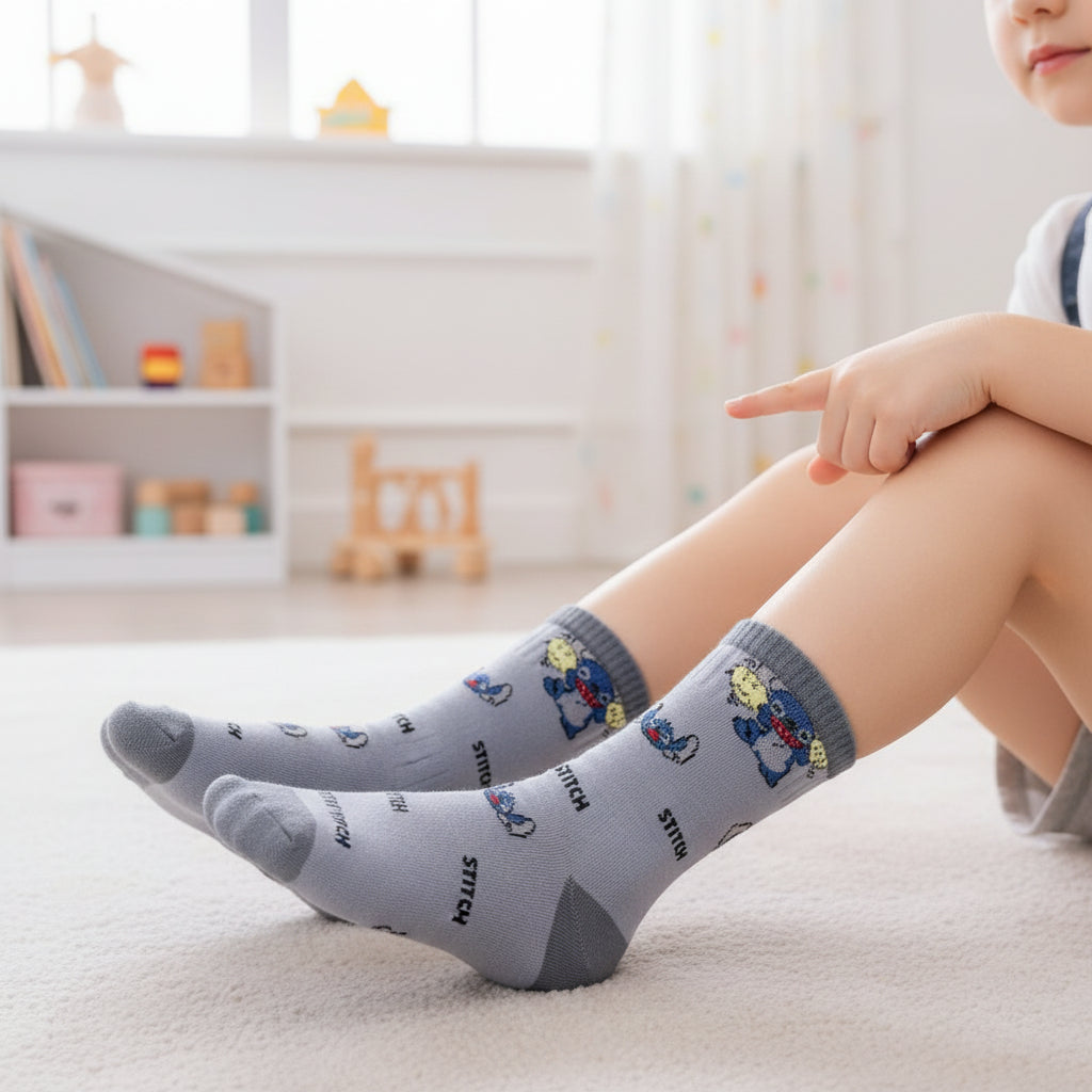 Child seated wearing grey crew socks with Stitch and duckling prints and darker grey toes