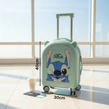 Cartoon-themed suitcase with dimensions displayed on a light background