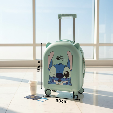 Cartoon-themed suitcase with dimensions displayed on a light background