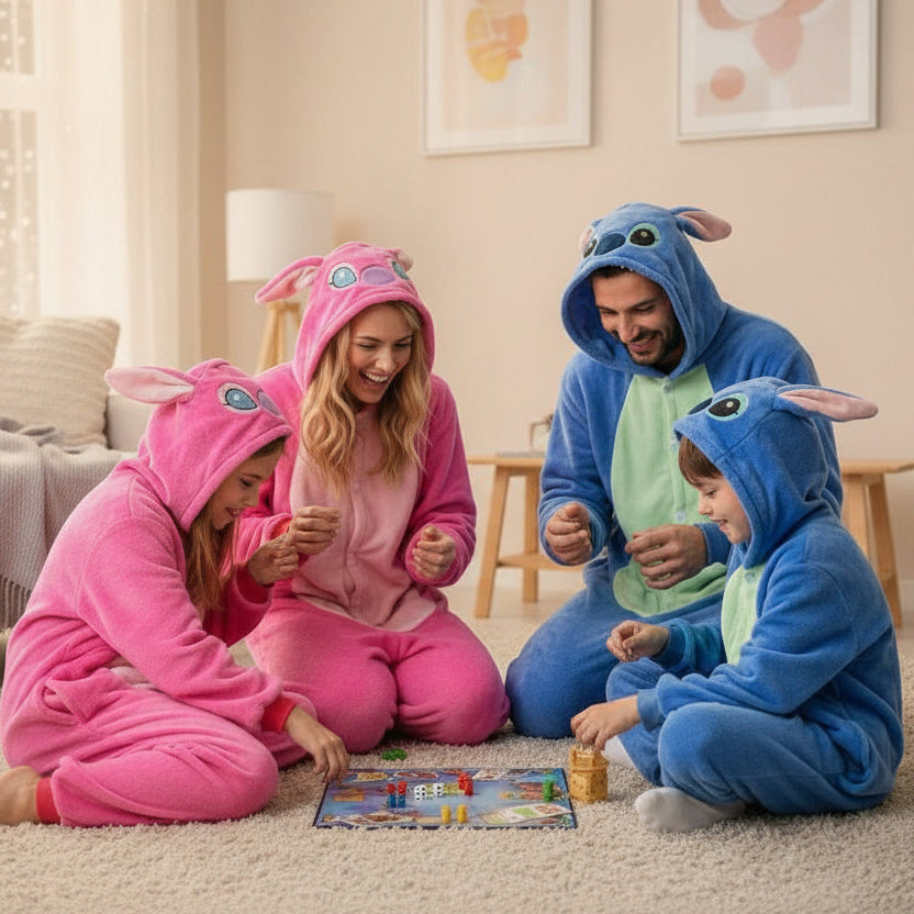 Family playing a board game together in matching pink and blue stitch-themed onesies.
