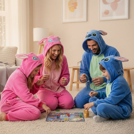 Family playing a board game together in matching pink and blue stitch-themed onesies.