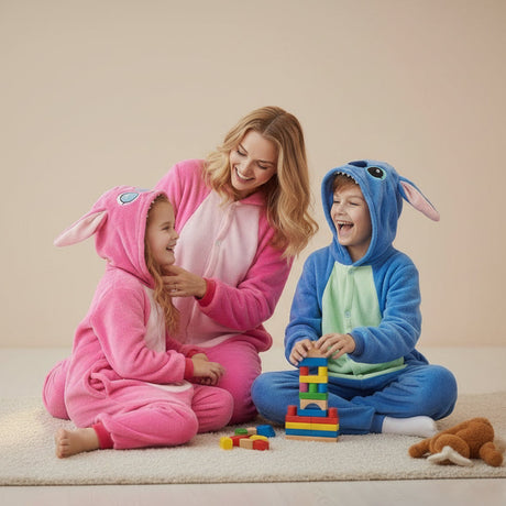 Woman and two children in pink and blue onesies playing with toys on a beige carpet.