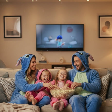 Family of four in matching blue and pink pajama costumes sitting on a couch watching TV.