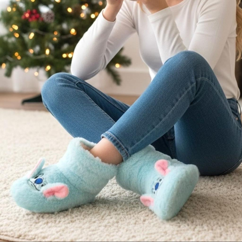 Person wearing light blue stitch pantoufle in a cozy indoor setting with a Christmas tree.