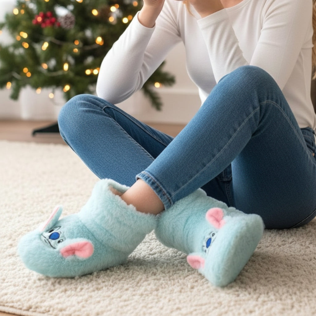 Pale blue booties worn cross legged on a rug, cream lining rolled back at the collar