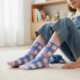Girls purple, blue and cream checkered knee high socks with a Stitch face and pink flower print