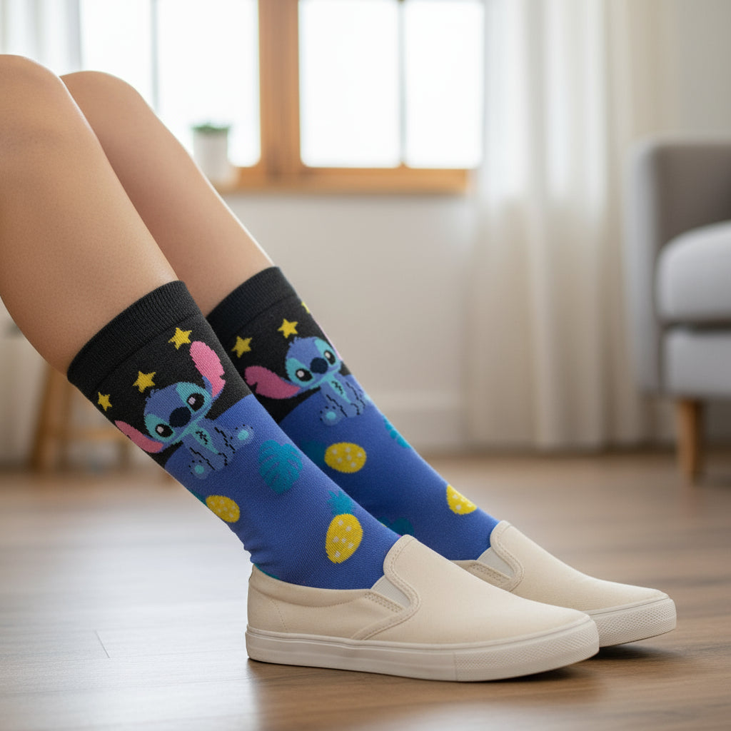 Kids blue knee high socks with yellow pineapples, stars and a Stitch face on the black cuff