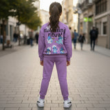 Back view of a lilac sweatshirt showing a large slogan and blue character across the shoulders