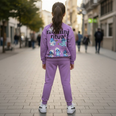 Back view of a lilac sweatshirt showing a large slogan and blue character across the shoulders